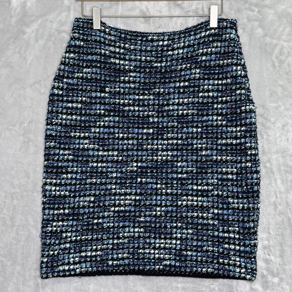 St John Skirt Womens 8 Blue Black Tweed Boucle Knit Wool Blend Classic Stretch - Picture 1 of 14